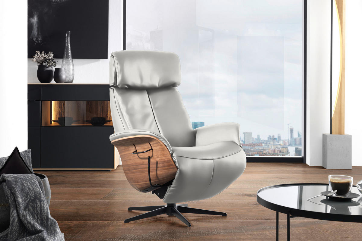 RELAXSESSEL in Leder Weiss  - Weiss/Nussbaumfarben, Design, Leder/Holz (78/104-113/84cm) - Welnova