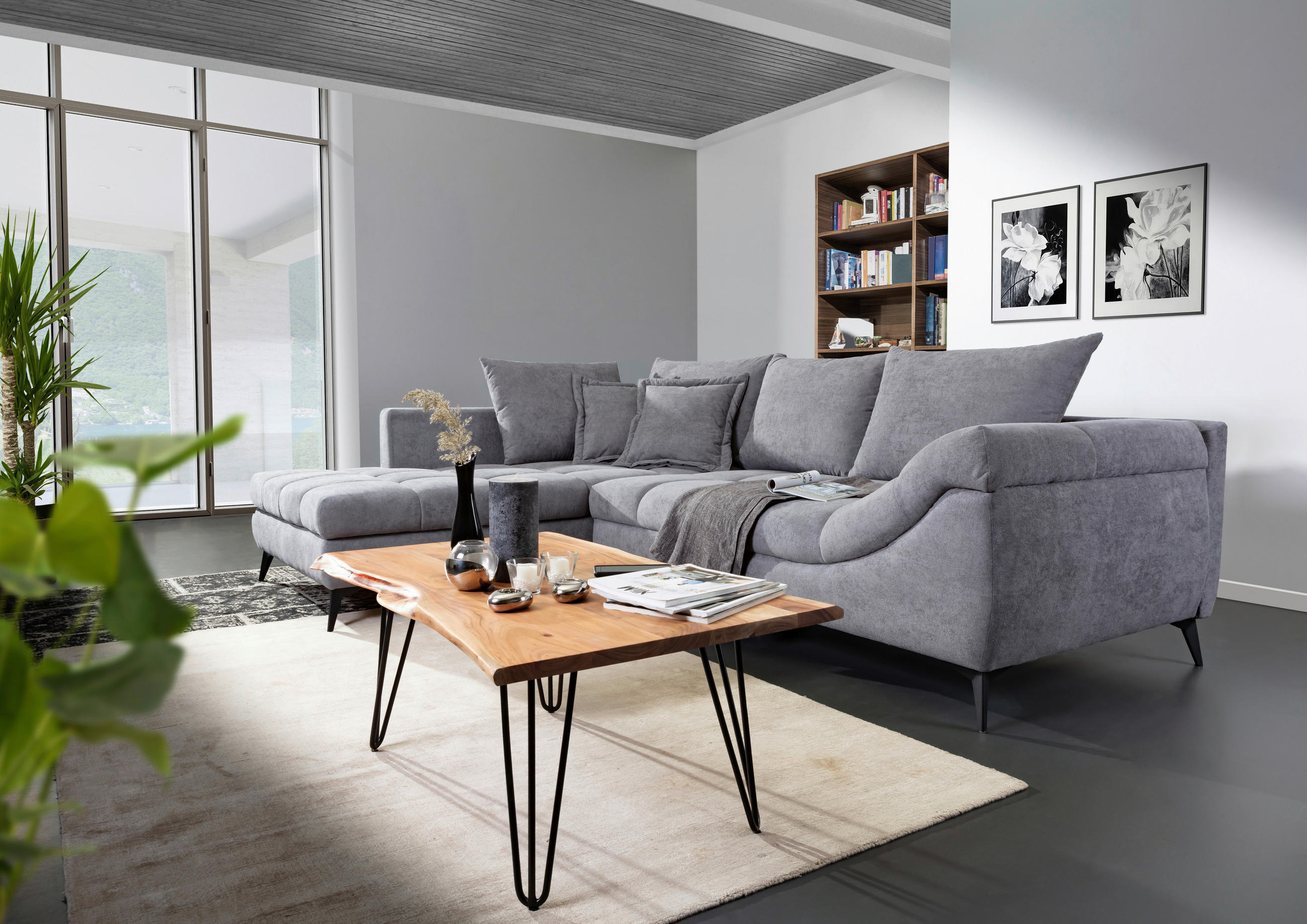 ECKSOFA Grau Flachgewebe  - Schwarz/Grau, Design, Textil/Metall (224/307cm) - Stylife