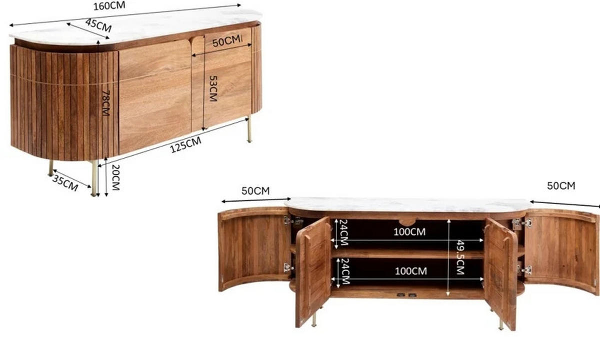 SIDEBOARD Braun, Grau, Weiß, Goldfarben  160/78/45 cm  - Goldfarben/Braun, Design, Holz/Stein (160/78/45cm) - Kare-Design