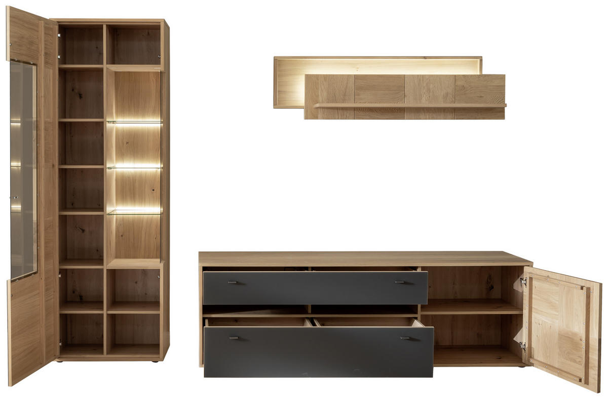 WOHNWAND  in Anthrazit, Eiche Bianco  - Eiche Bianco/Anthrazit, Design, Glas/Holz (258/207/50cm) - MID.YOU