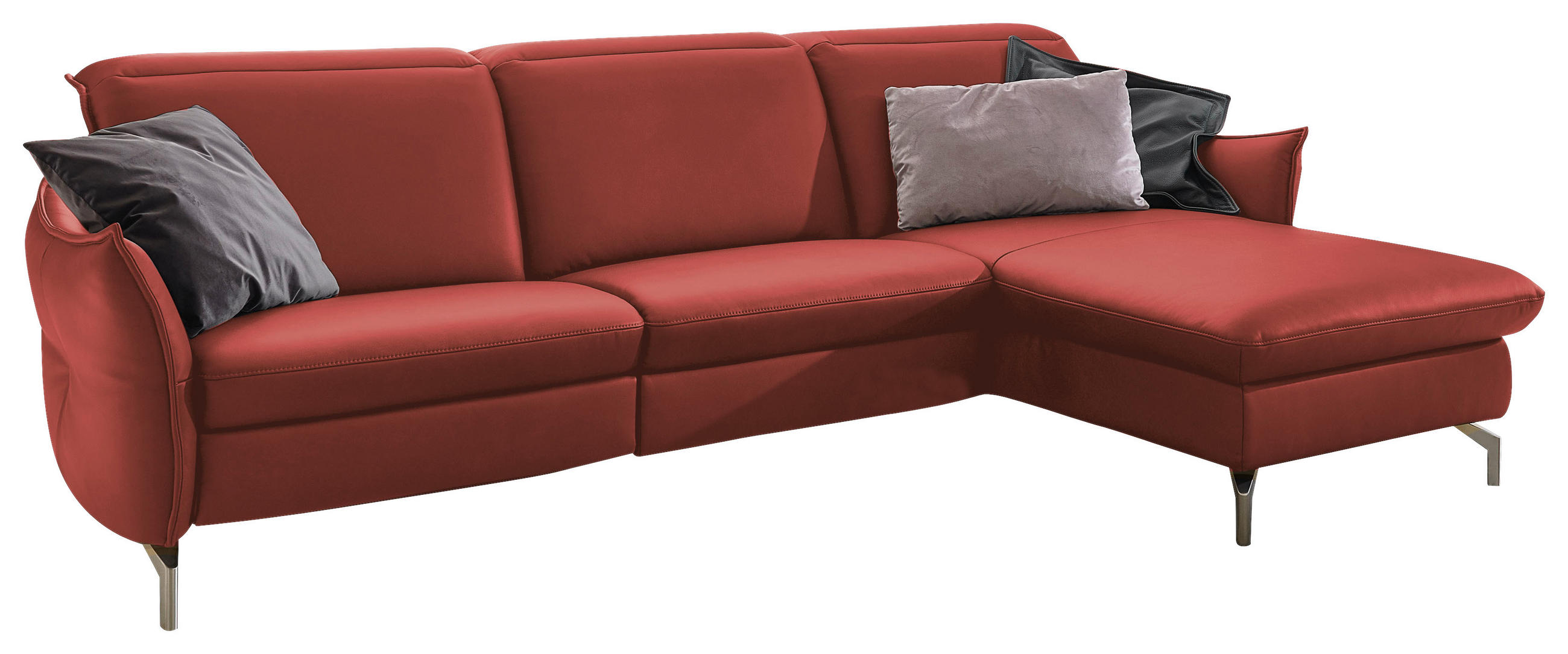 ECKSOFA Rot Lederlook (vegan)  - Rot/Nickelfarben, MODERN, Textil/Metall (263/179cm) - Livetastic