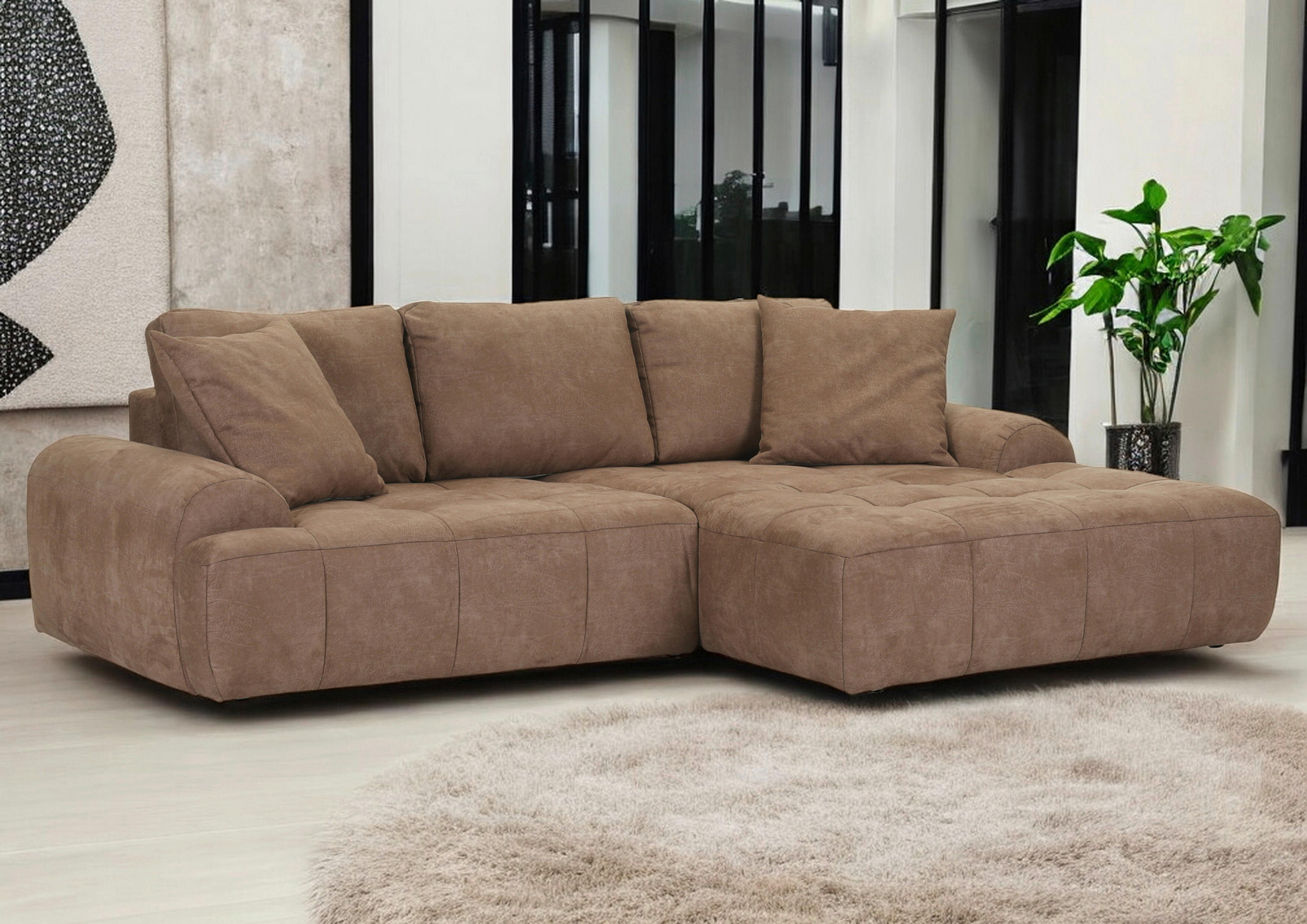 Thumbnail - Ambia Home Ecksofa, Braun, Textil, 2-3-Sitzer, Füllung: Polyetherschaumkern, Ottomane rechts, L-Form, 286x195 cm, Stoffa...