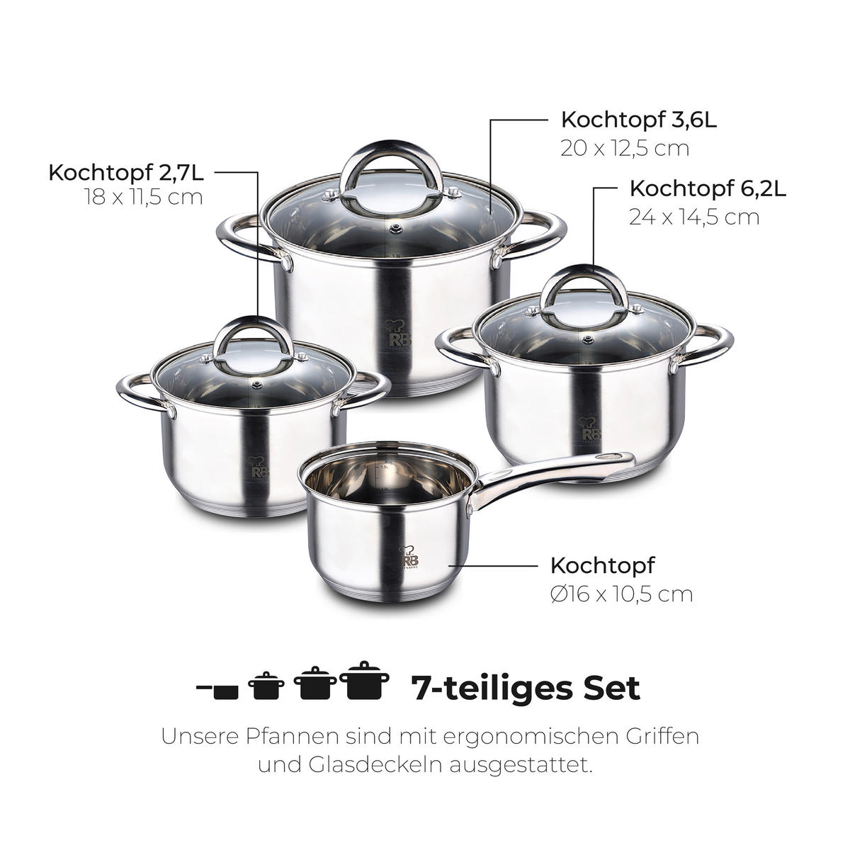 KOCHTOPFSET RENBERG ALEXANDER 7-teilig  - Silberfarben, Basics, Glas/Metall (16cm)