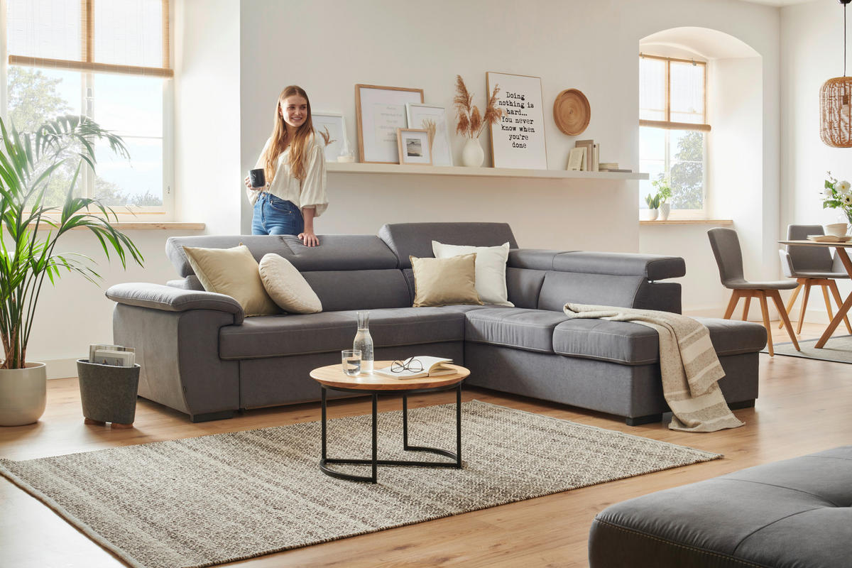 ECKSOFA Hellgrau Mikrofaser  - Hellgrau/Schwarz, Design, Kunststoff/Textil (258/219cm) - Stylife