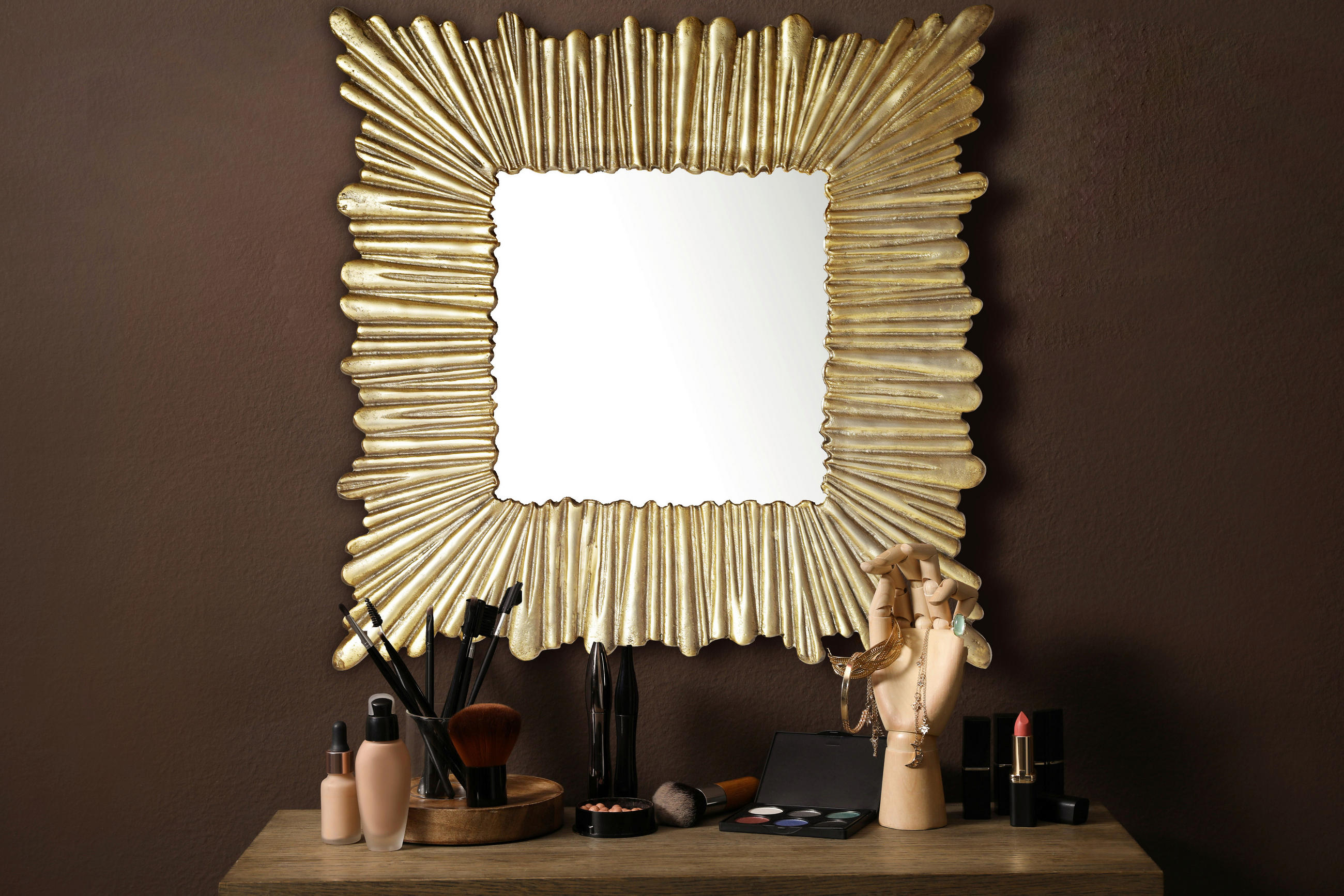 STENSKO OGLEDALO, 75/75/3 cm steklo  - zlate barve, Design, kovina/steklo (75/75/3cm) - MID.YOU