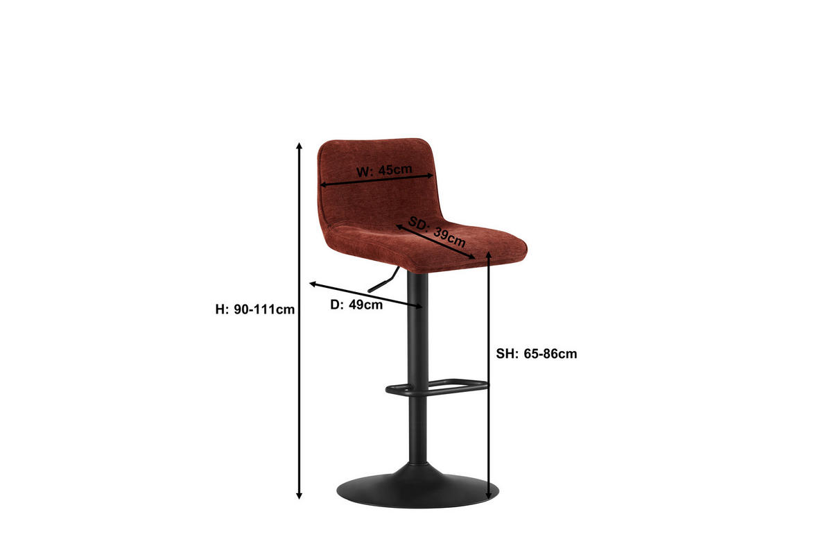 BARHOCKER Webstoff Schwarz, Rotbraun Eisen Stoffauswahl, Sitzfläche 360° drehbar  - Rotbraun/Schwarz, Design, Textil/Metall (45/88-109,5/50cm) - home24