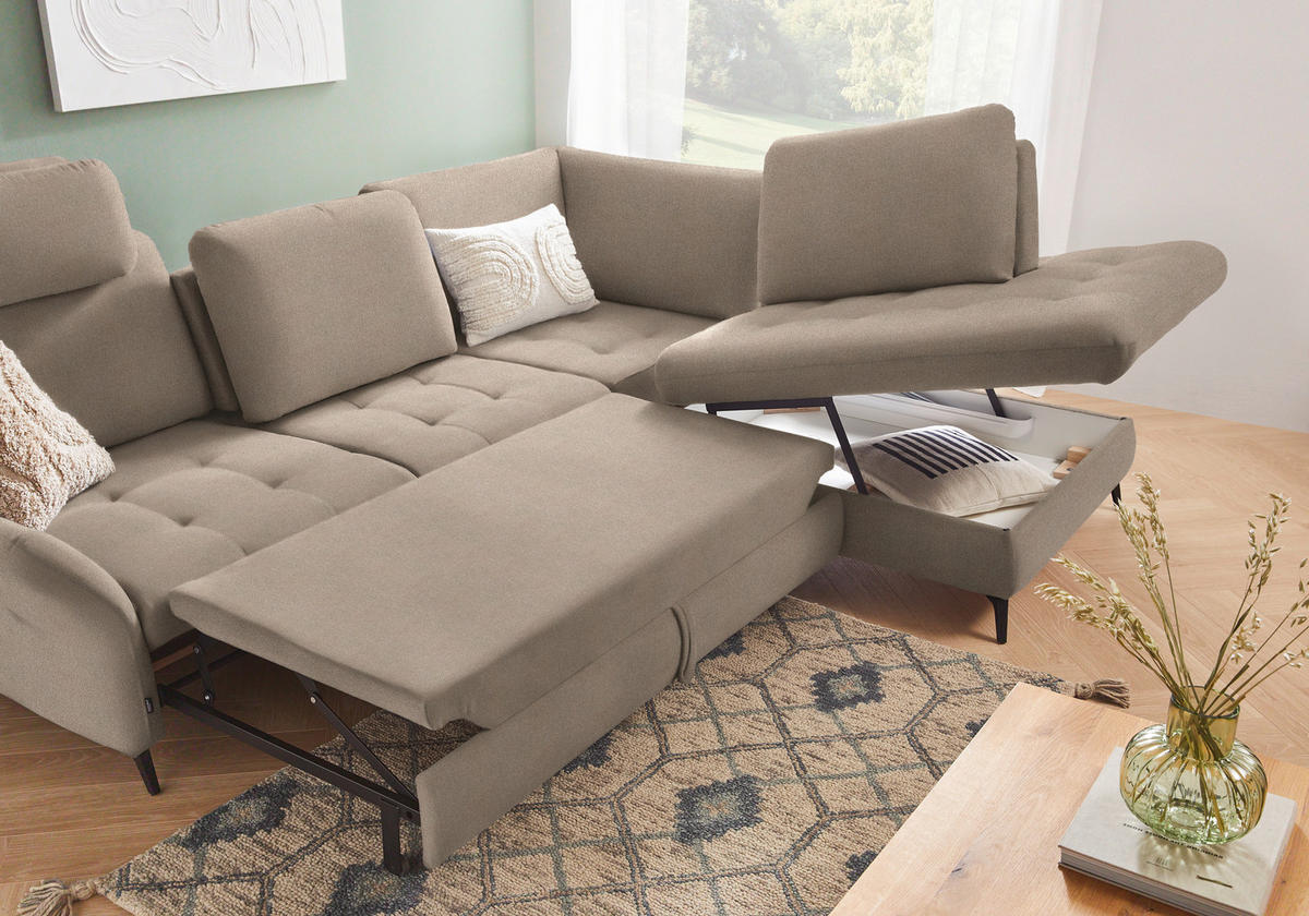 ECKSOFA in Flachgewebe Beige  - Beige/Schwarz, Natur, Textil/Metall (288/233cm) - Valnatura