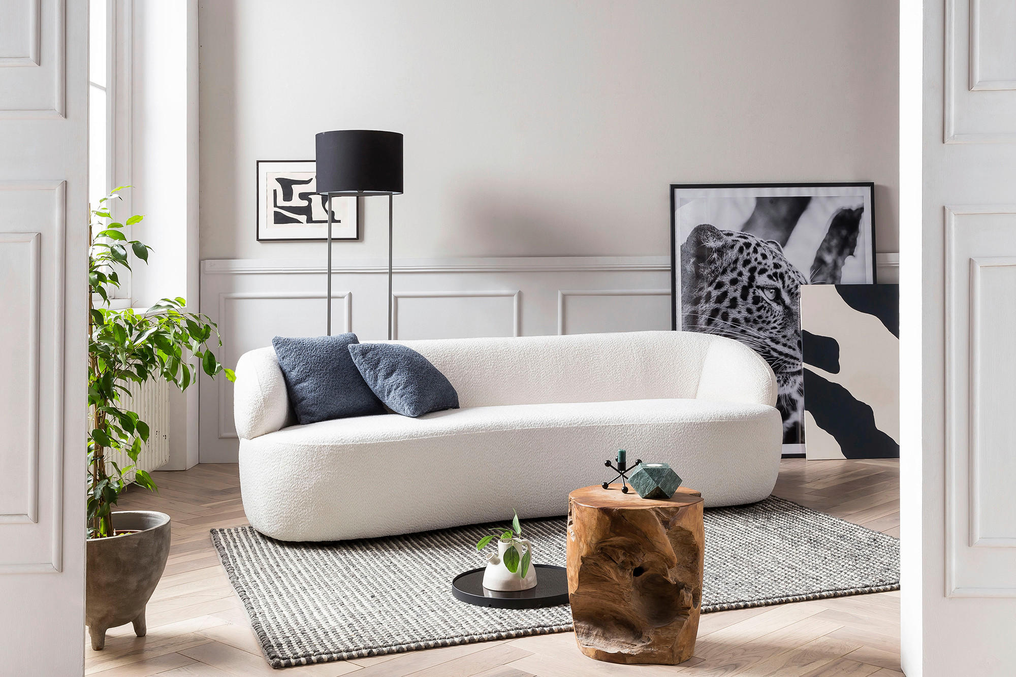 3-SITZER-SOFA Bouclé Weiß  - Schwarz/Weiß, MODERN, Kunststoff/Textil (220/70/93cm) - Livetastic