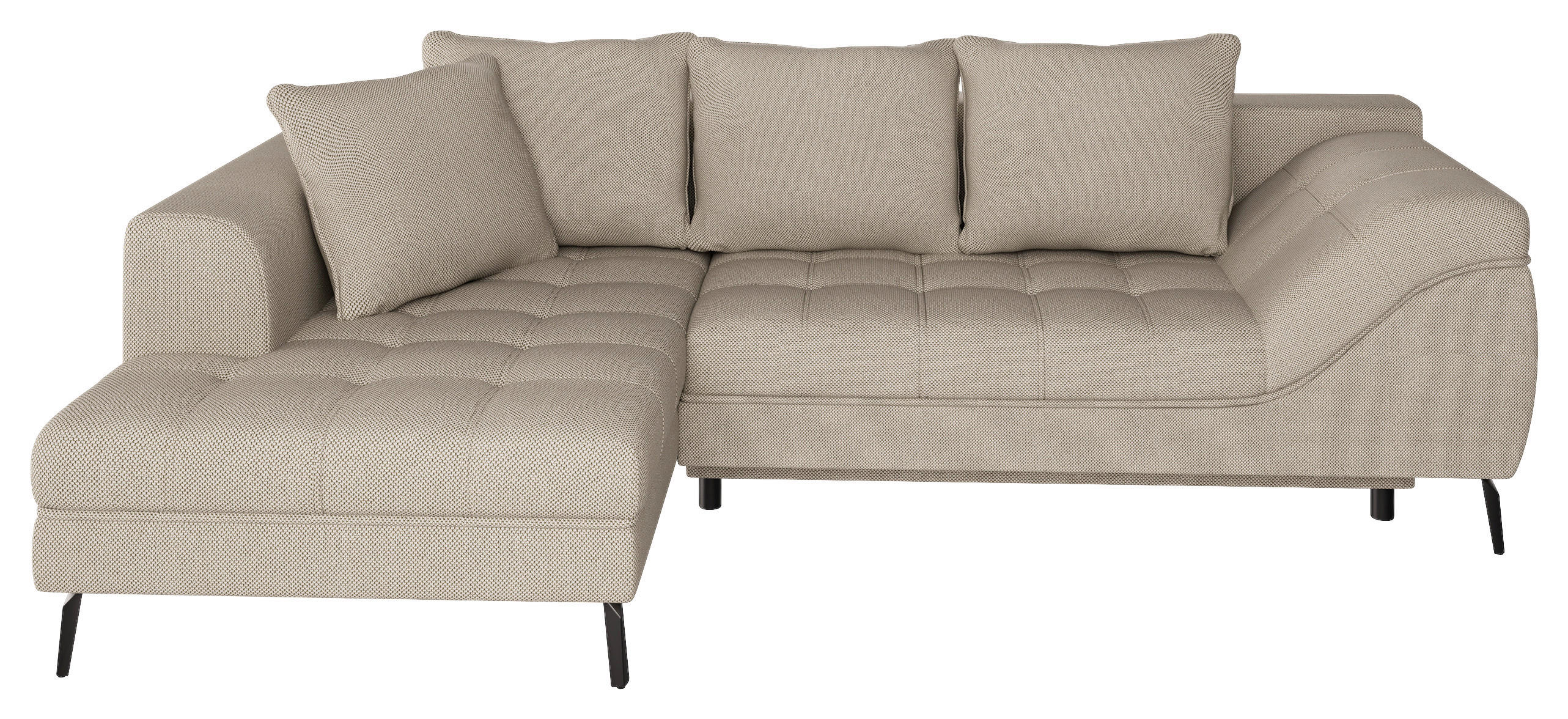 Ecksofa inkl. Funktionen Beige Webstoff Rückenkissen, Bettkasten, Schlaffunktion, Rücken echt  - Beige/Schwarz, MODERN, Textil/Metall (177/279cm) - Stylife