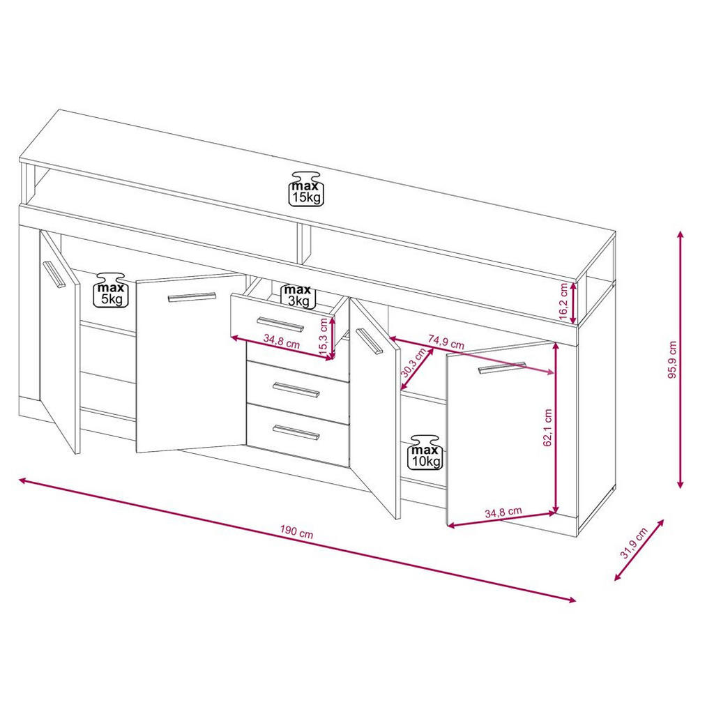 Thumbnail - Mid.you Sideboard, Anthrazit, Alteiche, Kunststoff, 2 Fächer, 4 Schubladen, 190x95x32 cm, stehend, in verschiedenen Holz...