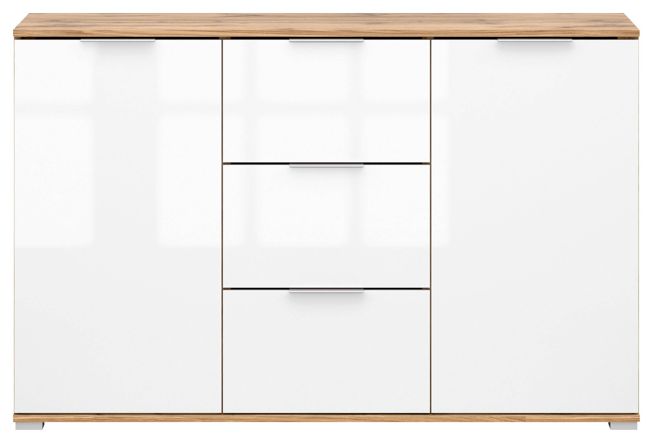 KOMMODE 135/86/41 cm  in Eiche Wotan, Weiß Hochglanz  - Weiß Hochglanz/Silberfarben, Design, Holzwerkstoff/Kunststoff (135/86/41cm)