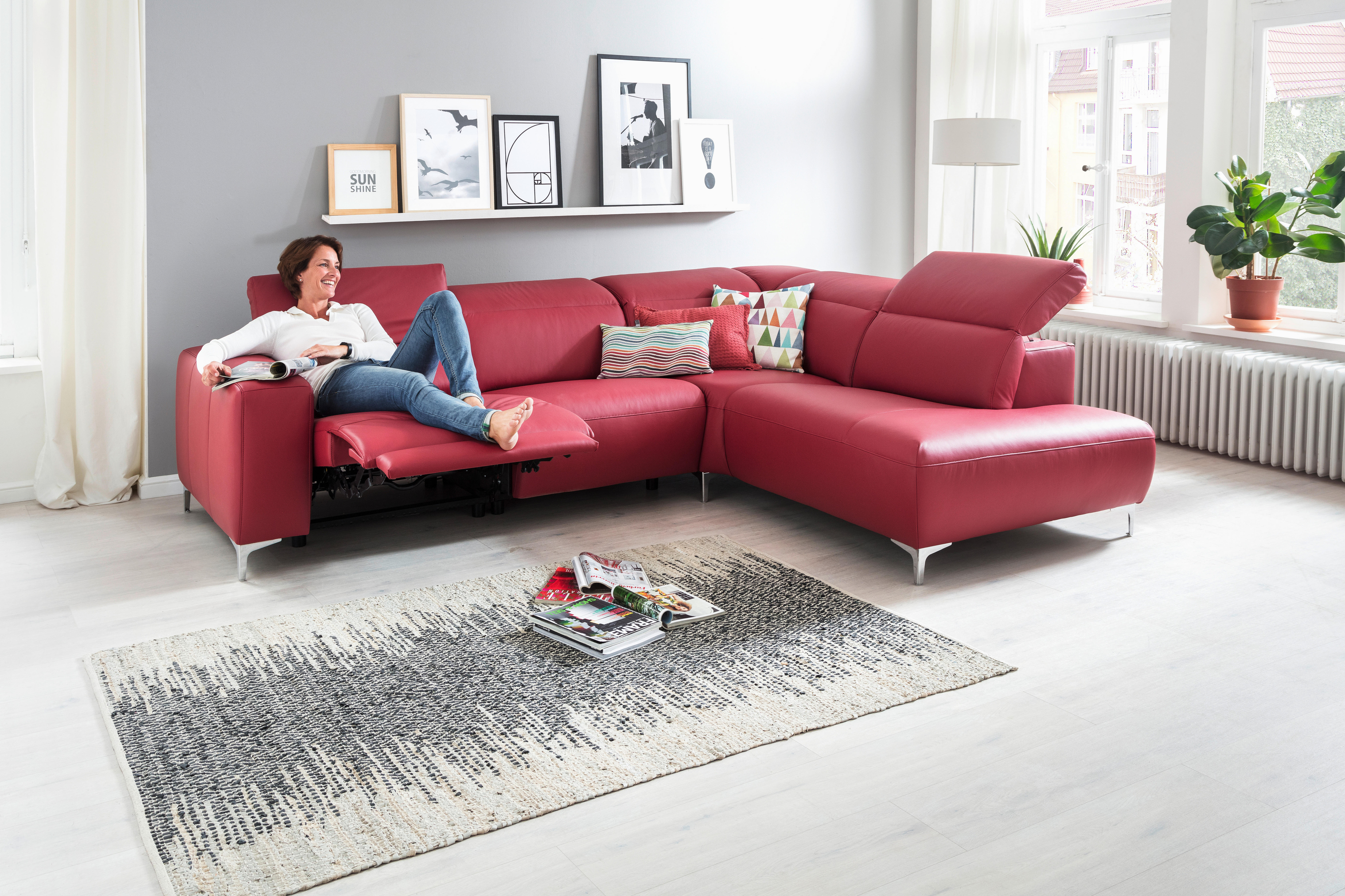 ECKSOFA inkl.Funktionen Rot Echtleder  - Chromfarben/Rot, Design, Leder/Metall (290/223cm) - Pure Home Lifestyle