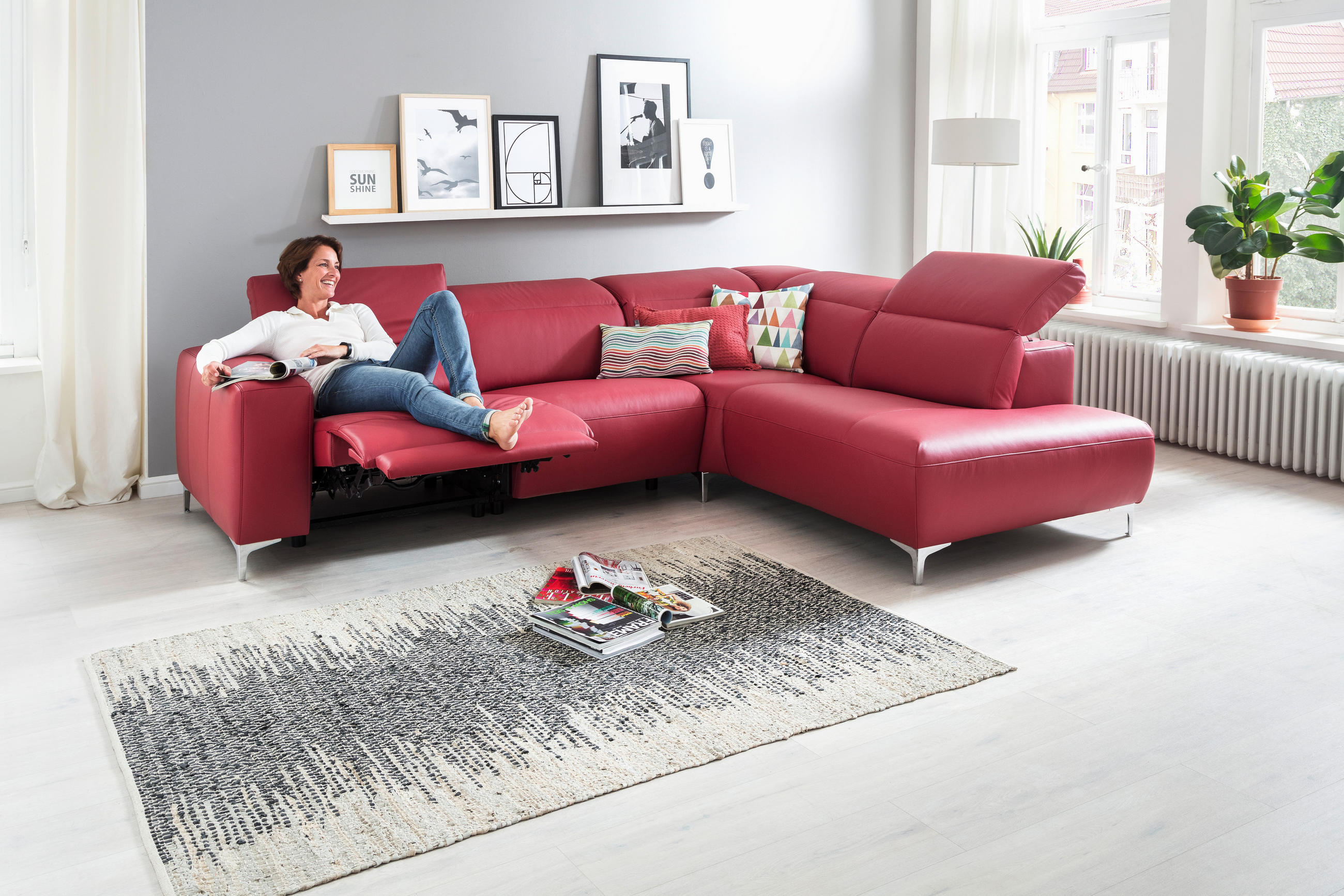 ECKSOFA inkl.Funktionen Rot Echtleder - Chromfarben/Rot, Design, Leder/Metall (290/223cm) - Pure Home Lifestyle