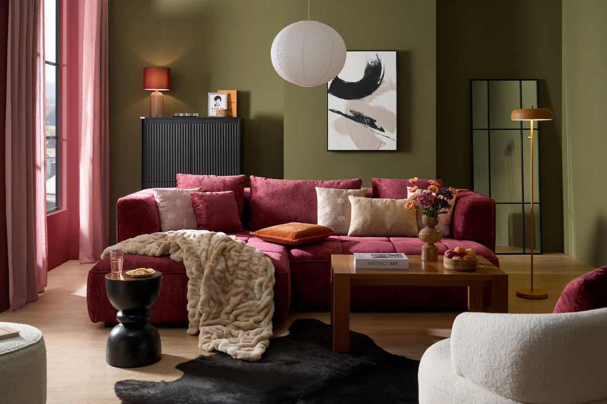 ECKSOFA  in Webstoff Kirschrot Zierkissen, Rückenkissen  188/288 cm  - Schwarz/Kirschrot, Design, Kunststoff/Textil (188/288cm) - Welnova