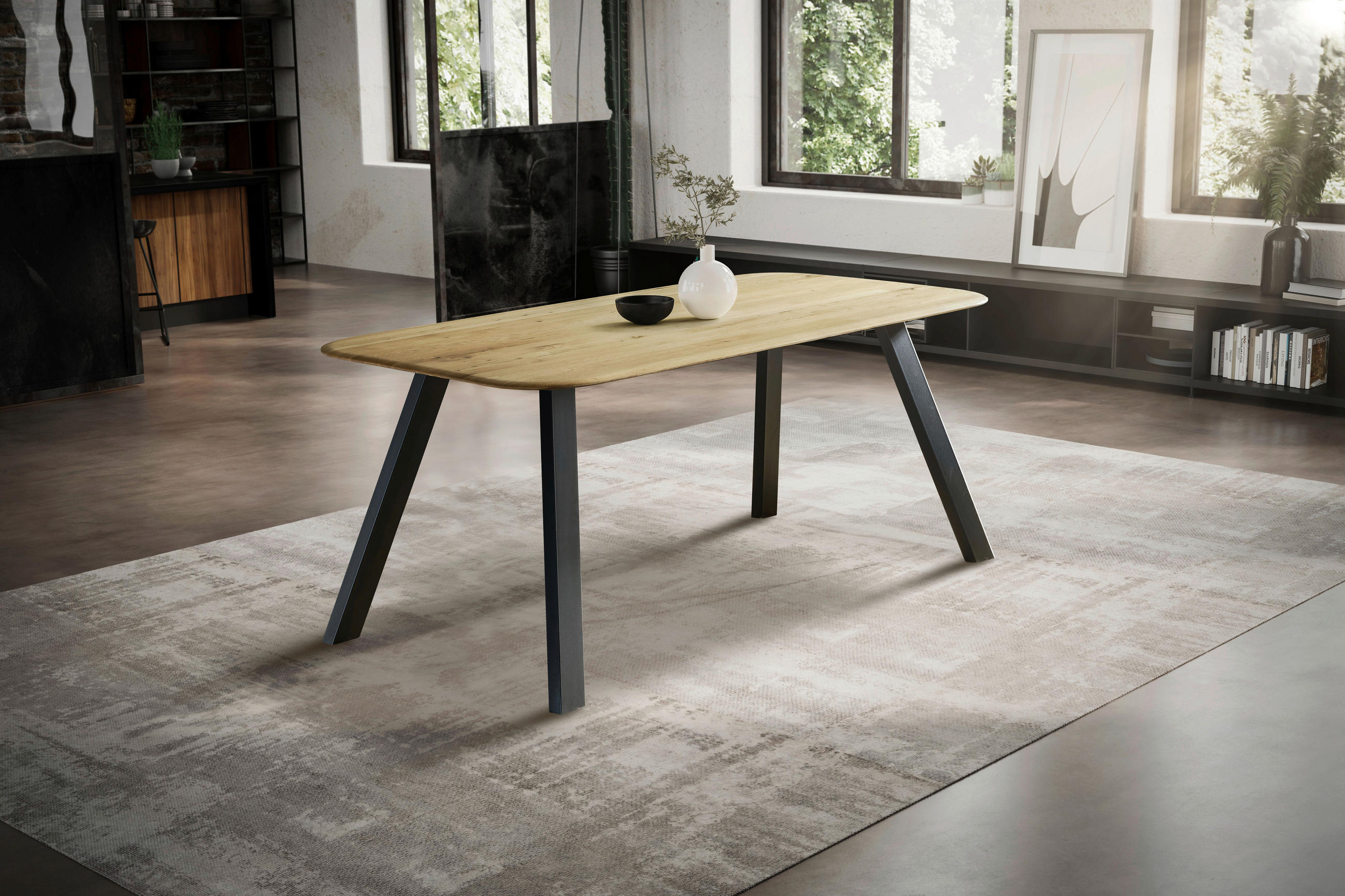 ESSTISCH Eiche massiv rechteckig Schwarz, Eichefarben  - Eichefarben/Schwarz, LIFESTYLE, Holz/Metall (180/90/75cm) - Linea Natura