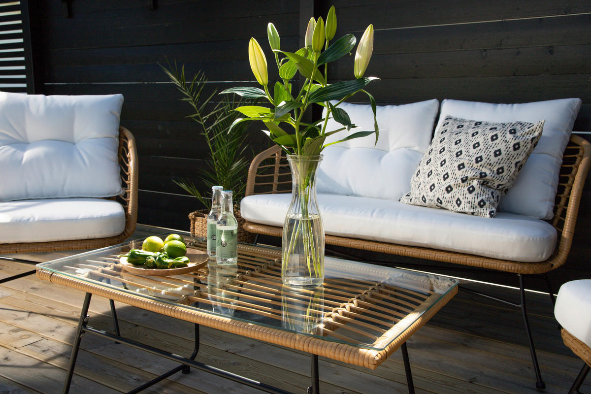 LOUNGEGARNITUR   Stahl  - Beige/Schwarz, KONVENTIONELL, Glas/Kunststoff - Gardenson