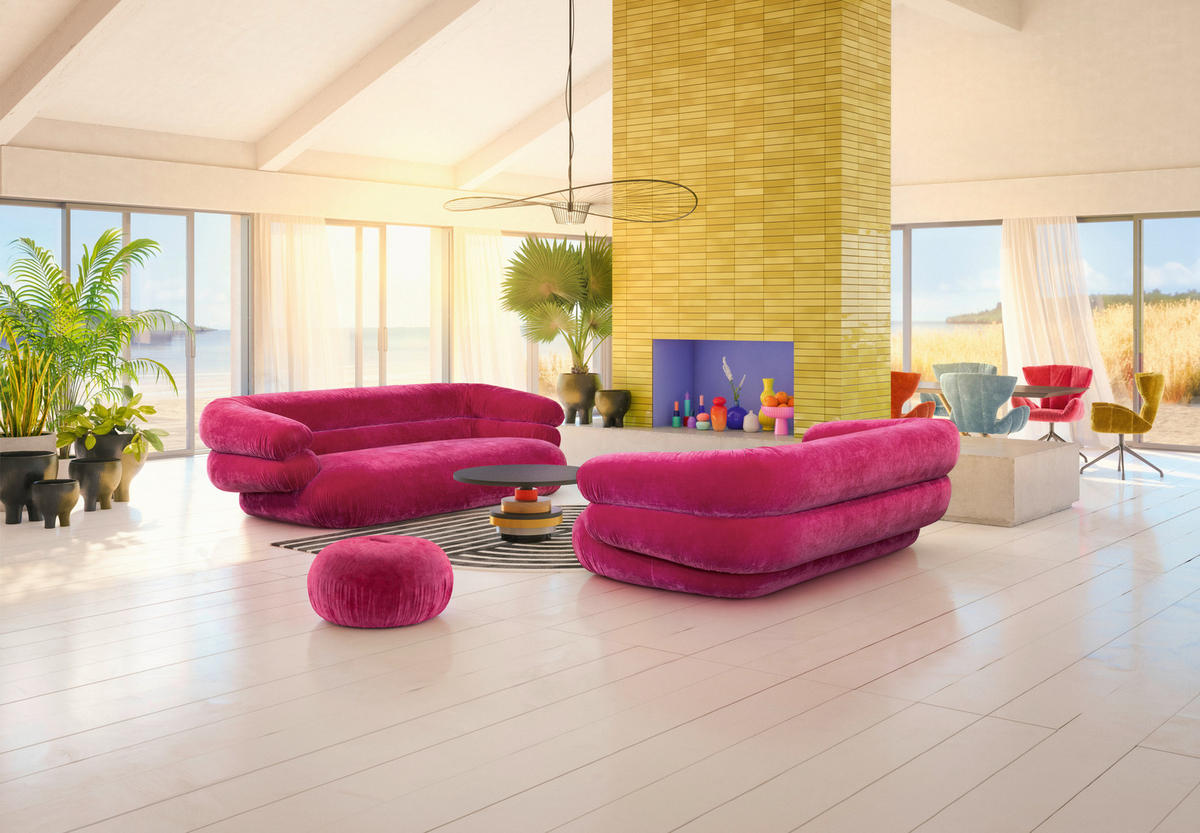 BIGSOFA in Velours Pink  - Pink/Schwarz, Trend, Kunststoff/Textil (250/77/130cm) - Bretz