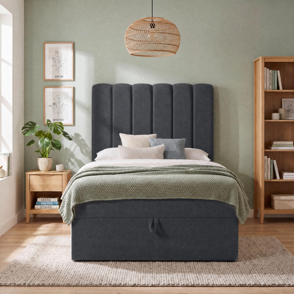 BOXBETT 100/200 cm,  in Anthrazit, Matratze, gepolstertes Kopfteil, Bettkasten, Topper, H3 = fest  - Anthrazit/Schwarz, Basics, Kunststoff/Textil (100/200cm) - Chameo