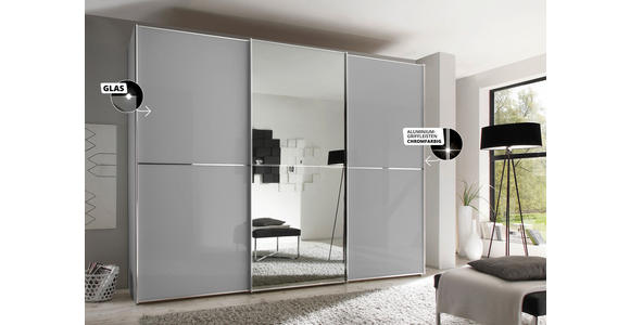 SCHWEBETÜRENSCHRANK 280/222/68 cm 3-türig Hellgrau - Chromfarben/Hellgrau, Design, Glas/Holzwerkstoff (280/222/68cm) - Moderano