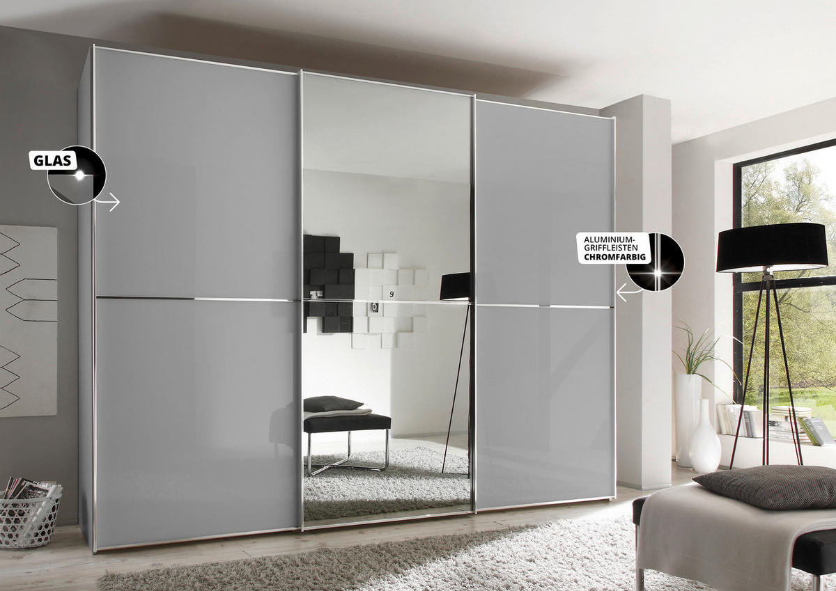 SCHWEBETÜRENSCHRANK 280/222/68 cm 3-türig Hellgrau  - Chromfarben/Hellgrau, Design, Glas/Holzwerkstoff (280/222/68cm) - Moderano