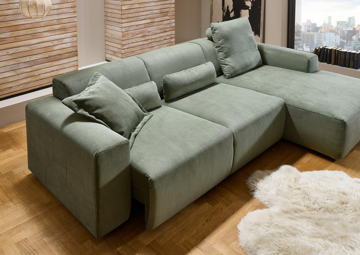 ECKSOFA in Feincord Waldgrün  - Waldgrün/Schwarz, Design, Kunststoff/Textil (174/302cm) - Beldomo Style