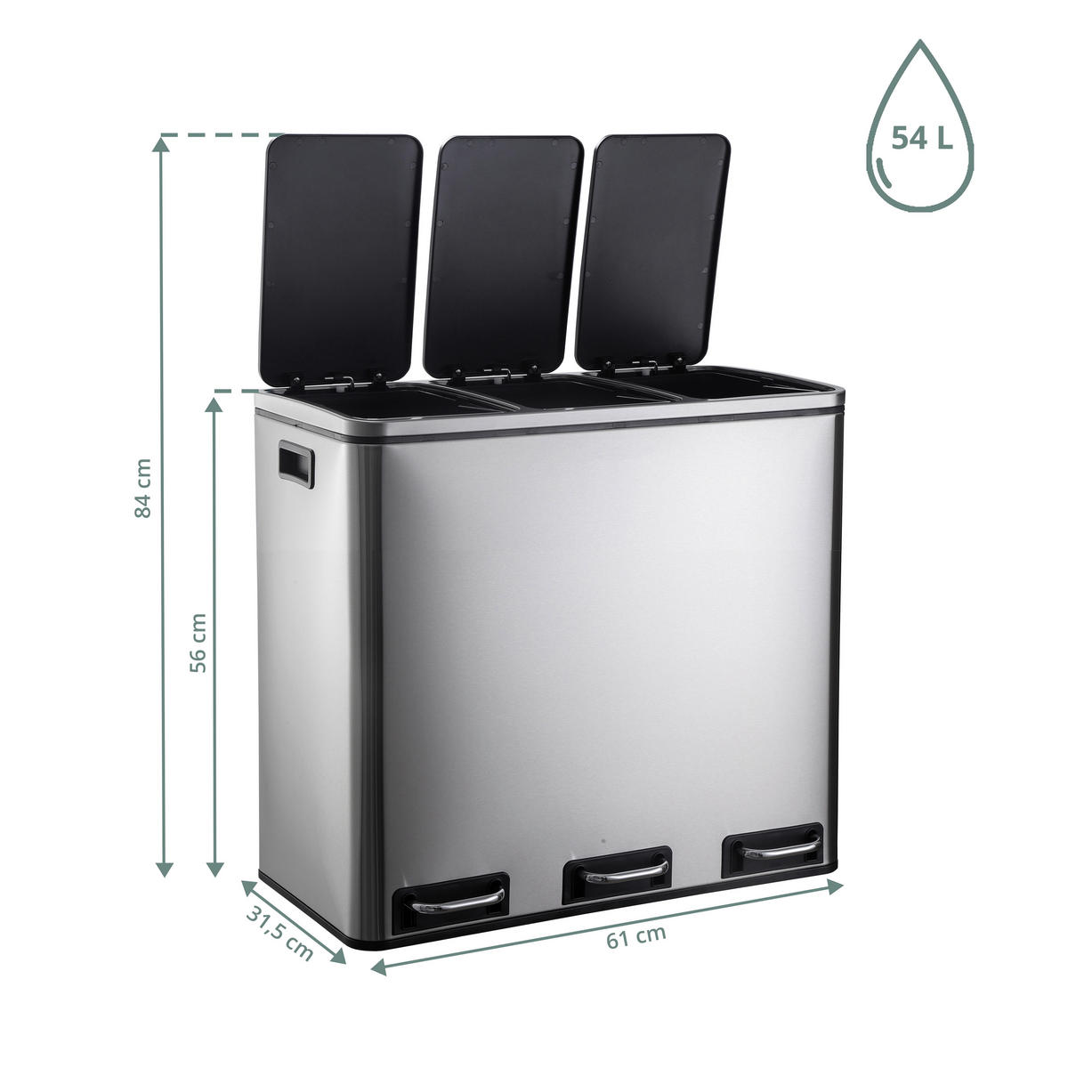 ABFALLEIMER 3x18 L  - Silberfarben/Schwarz, MODERN, Kunststoff/Metall (61/56/31.5cm) - MID.YOU