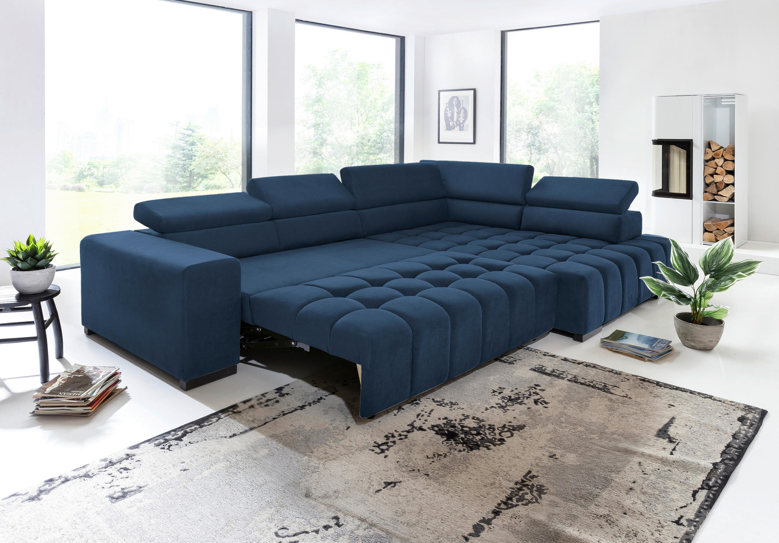 ECKSCHLAFSOFA in Velours Blau  - Blau/Schwarz, Design, Holz/Textil (307/201cm) - Livetastic