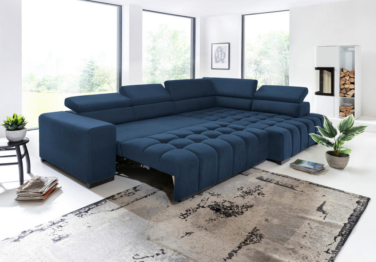 ECKSCHLAFSOFA in Blau Textil   - Blau/Schwarz, Design, Holz/Textil (307/201cm) - Livetastic