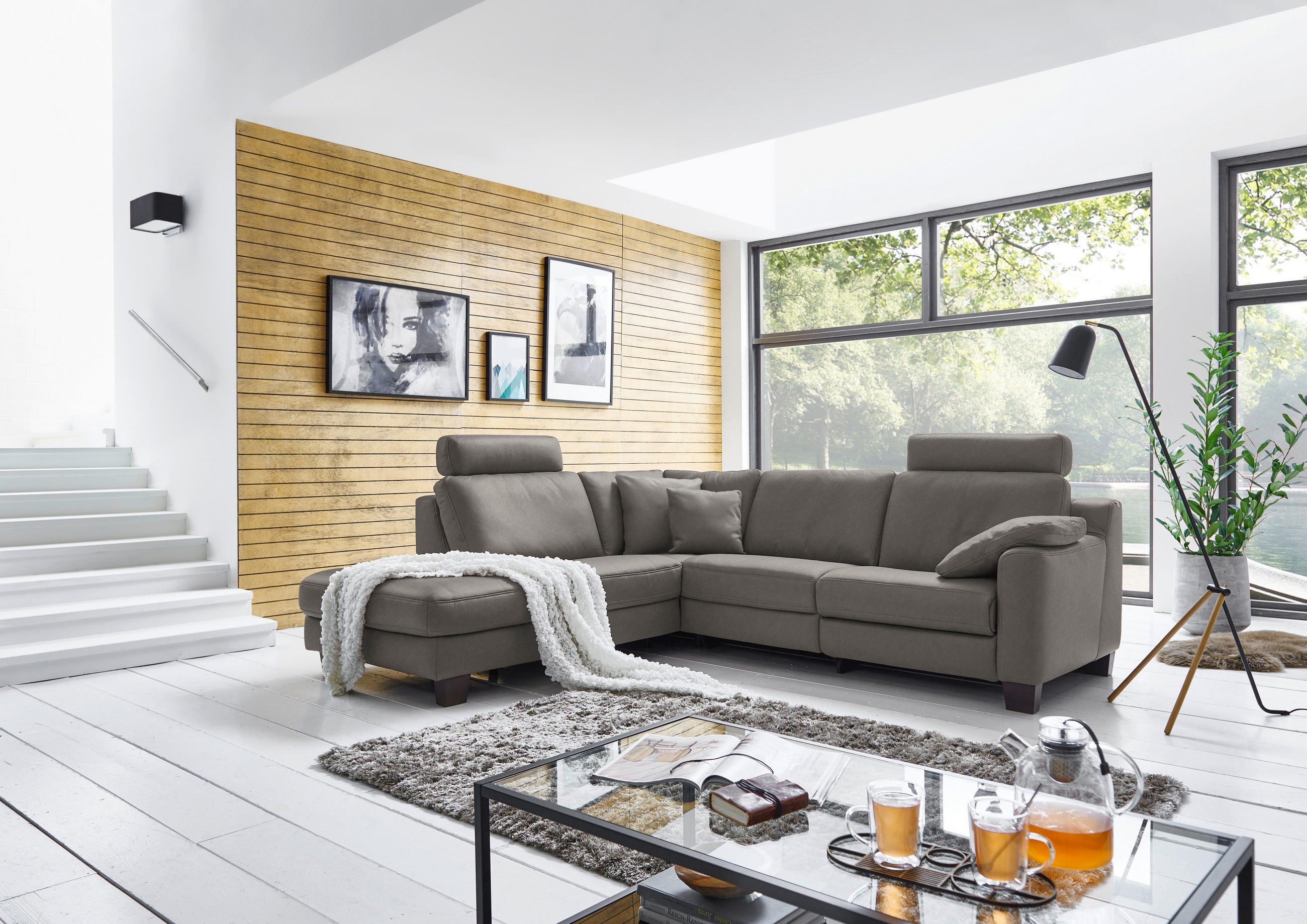ECKSOFA in Echtleder Graubraun  - Eichefarben/Graubraun, Design, Leder/Holz (235/259cm) - Valdera