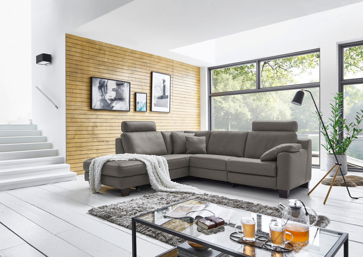 ECKSOFA in Echtleder Graubraun  - Eichefarben/Graubraun, Design, Leder/Holz (235/259cm) - Valdera