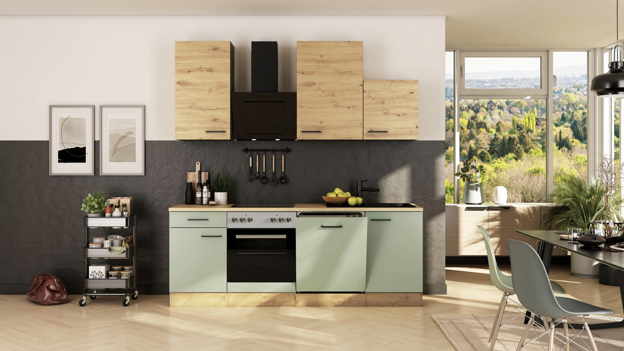 FlexWell Küchenblock Cara Eiche Artisan, Schilfgrün 220 cm