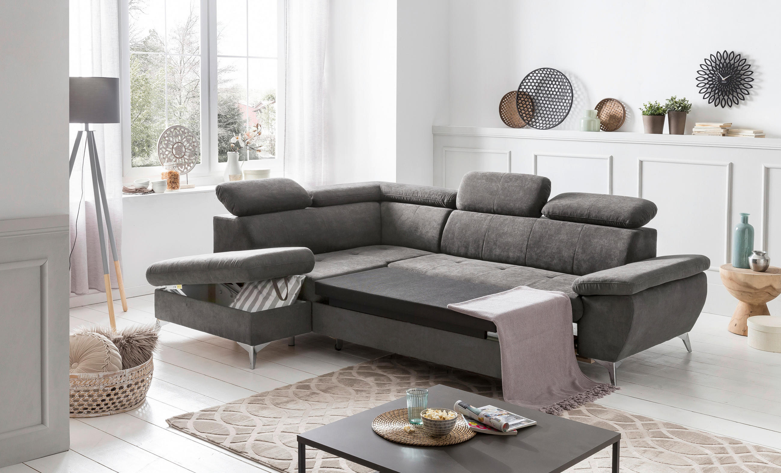 ECKSOFA Grau Mikrofaser  - Chromfarben/Grau, KONVENTIONELL, Textil/Metall (209/256cm) - Livetastic