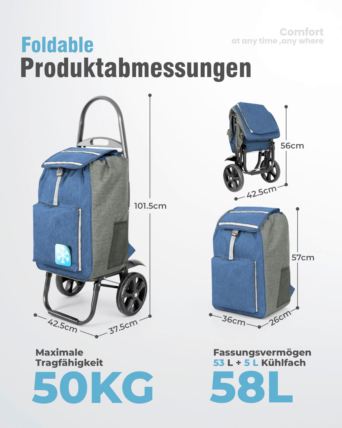 EINKAUFSTROLLEY  - Blaugrau/Schwarz, Trend, Textil/Metall (42.5/101,5/37,5cm) - Milino