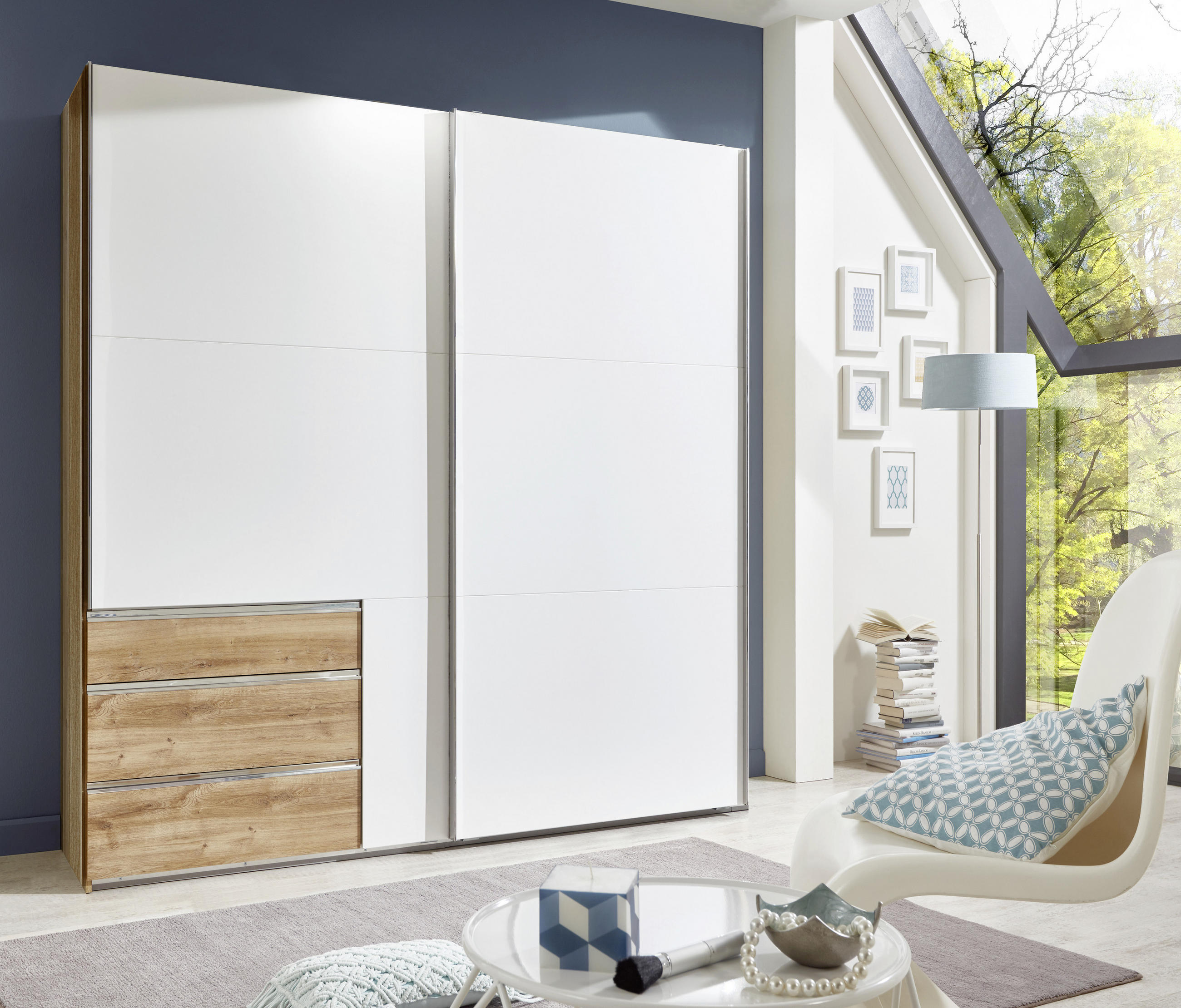 SCHWEBETÜRENSCHRANK 250/216/65 cm 2-türig Weiß, Eichefarben  - Chromfarben/Eichefarben, MODERN, Holzwerkstoff/Metall (250/216/65cm) - MID.YOU