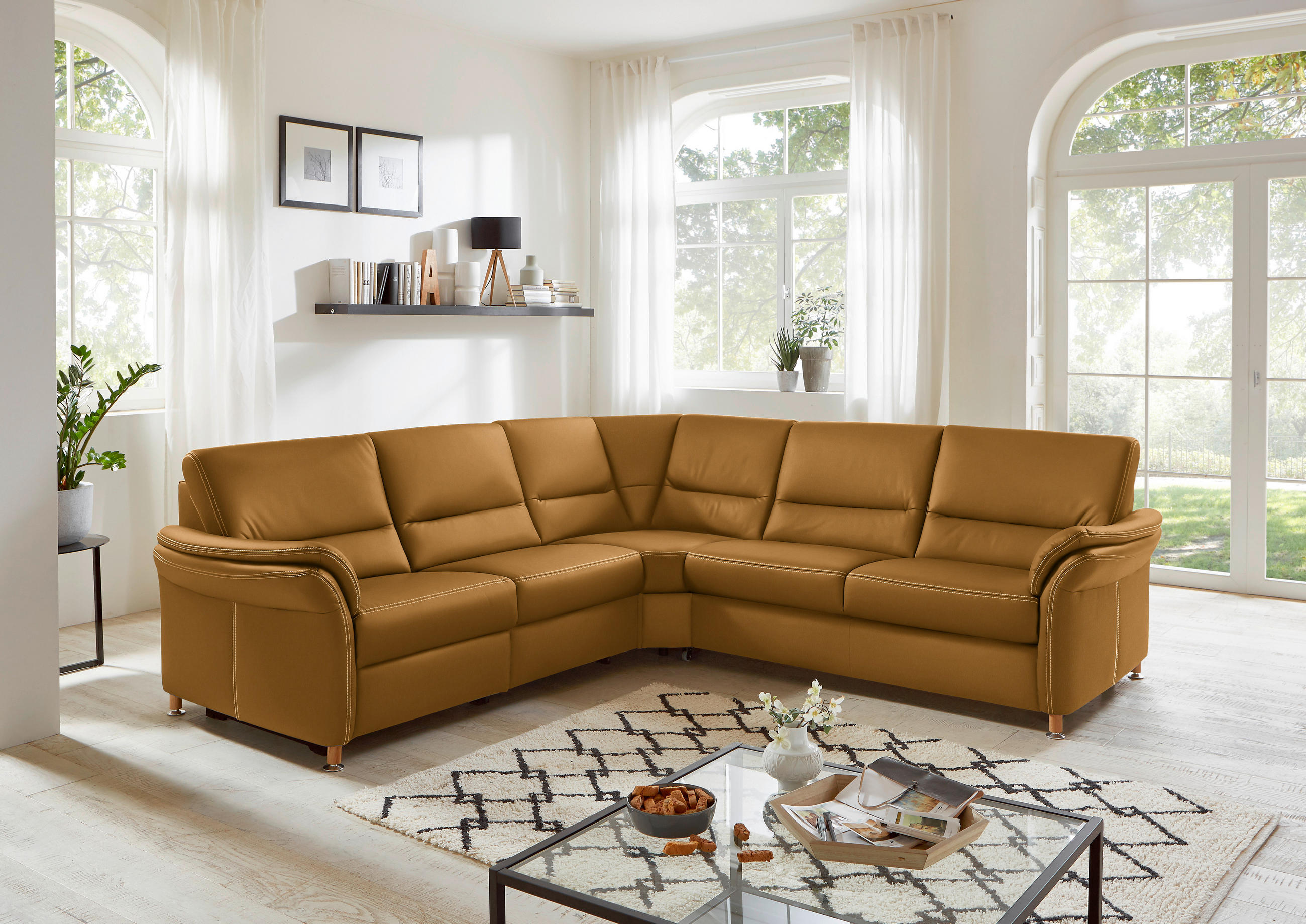 ECKSOFA in Echtleder Currygelb  - Currygelb/Eichefarben, Konventionell, Leder/Holz (262/262cm) - Beldomo Premium