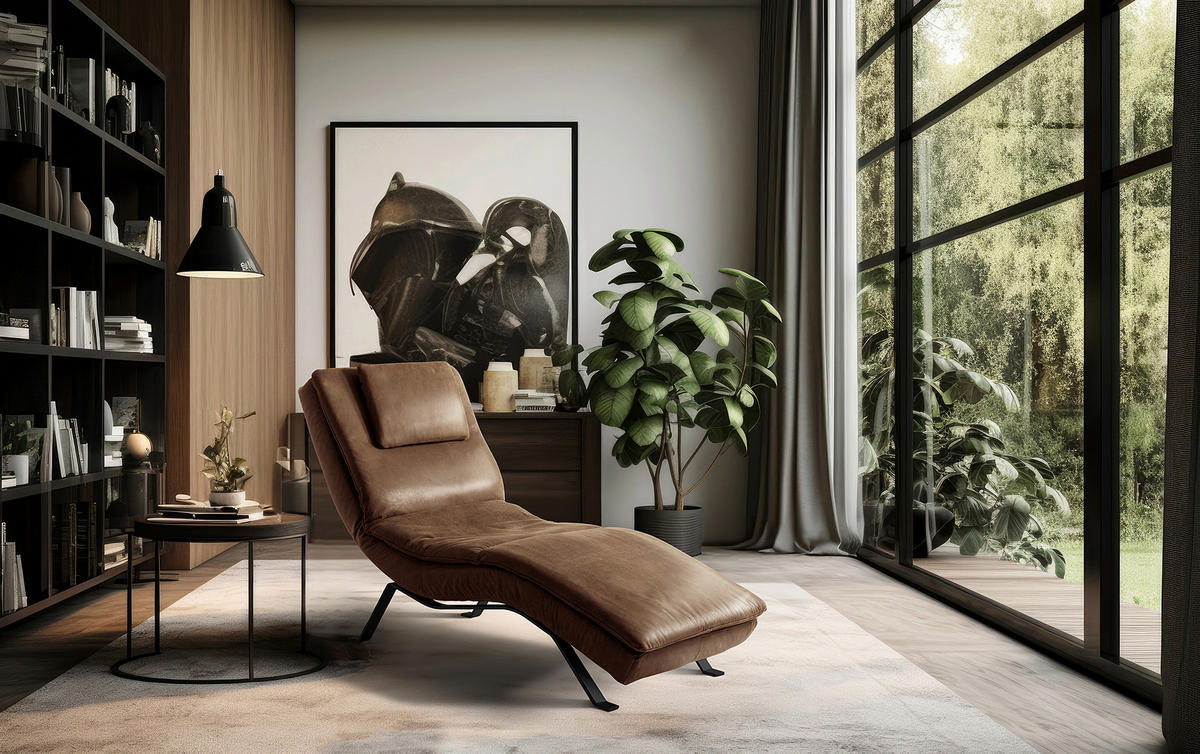 RELAXLIEGE in Echtleder Braun  - Schwarz/Braun, Design, Leder/Metall (65/95/171cm) - Celina Home
