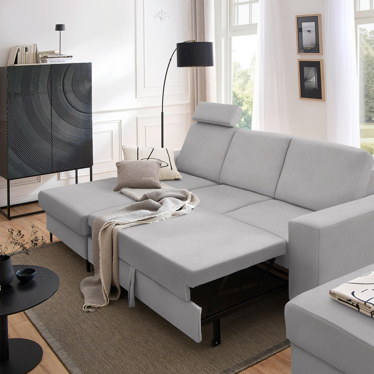 ECKSOFA in Velours Hellgrau  - Hellgrau/Schwarz, KONVENTIONELL, Textil/Metall (167/247cm) - Stylife