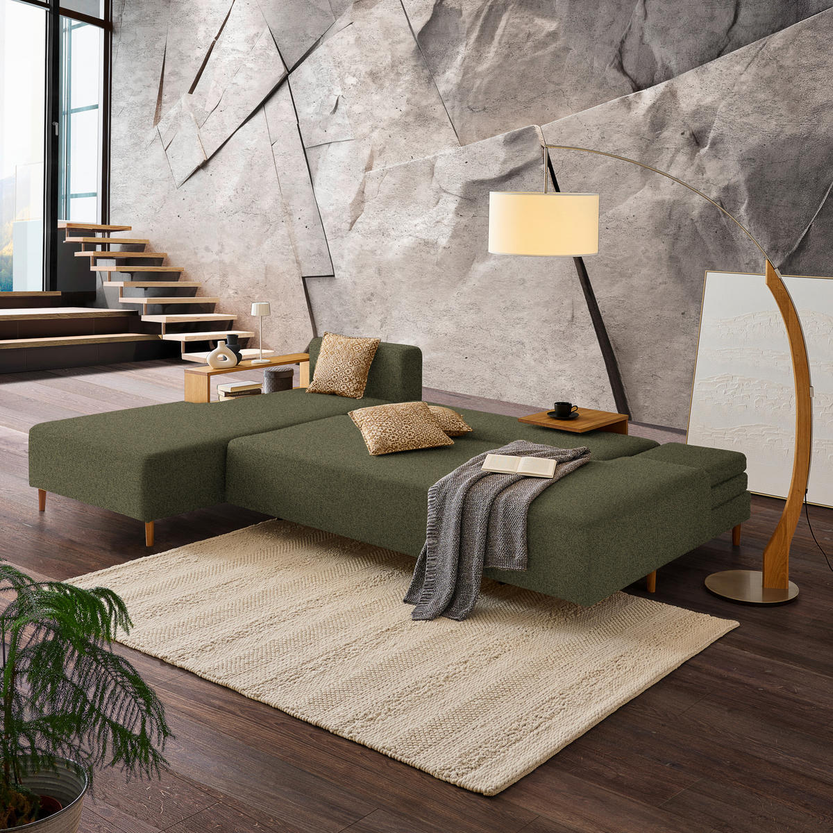 ECKSOFA in Flachgewebe Olivgrün  - Eichefarben/Olivgrün, Design, Holz/Textil (190/307cm) - Joka