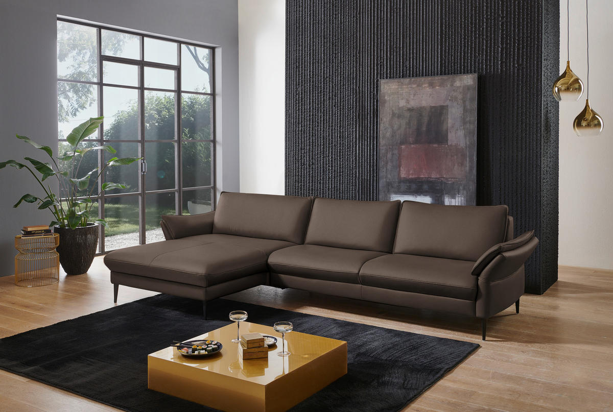ECKSOFA in Echtleder Dunkelbraun  - Dunkelbraun/Schwarz, Design, Leder/Metall (172/334cm) - Valdera