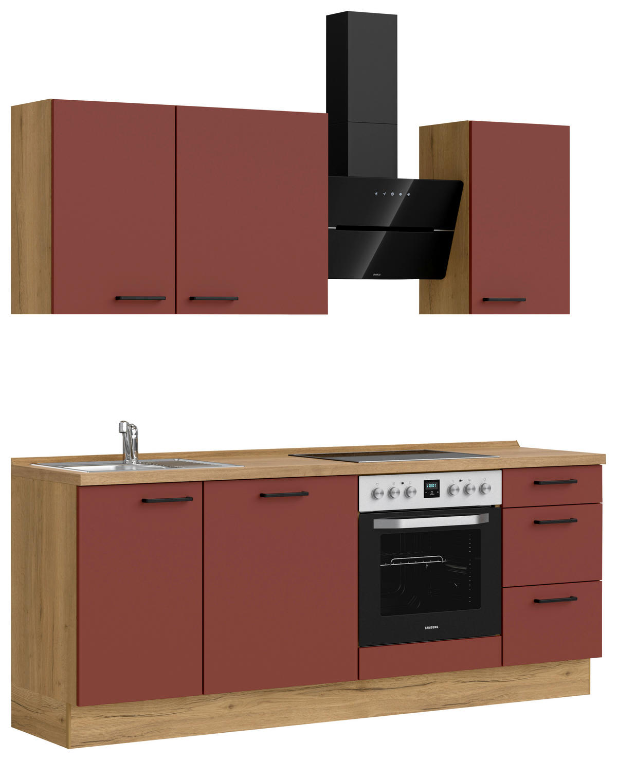 KÜCHENBLOCK Easytouch 210 cm  in Eichefarben, Dunkelrot  - Eichefarben/Schwarz, MODERN, Holzwerkstoff/Metall (210cm) - Nobilia