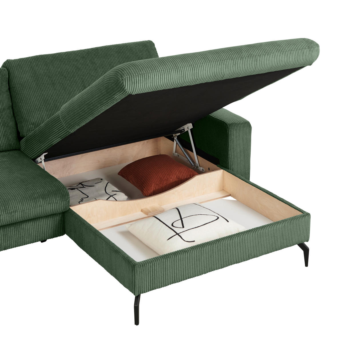 ECKSOFA in Cord Olivgrün  - Schwarz/Olivgrün, Design, Textil/Metall (302/180cm) - Venda