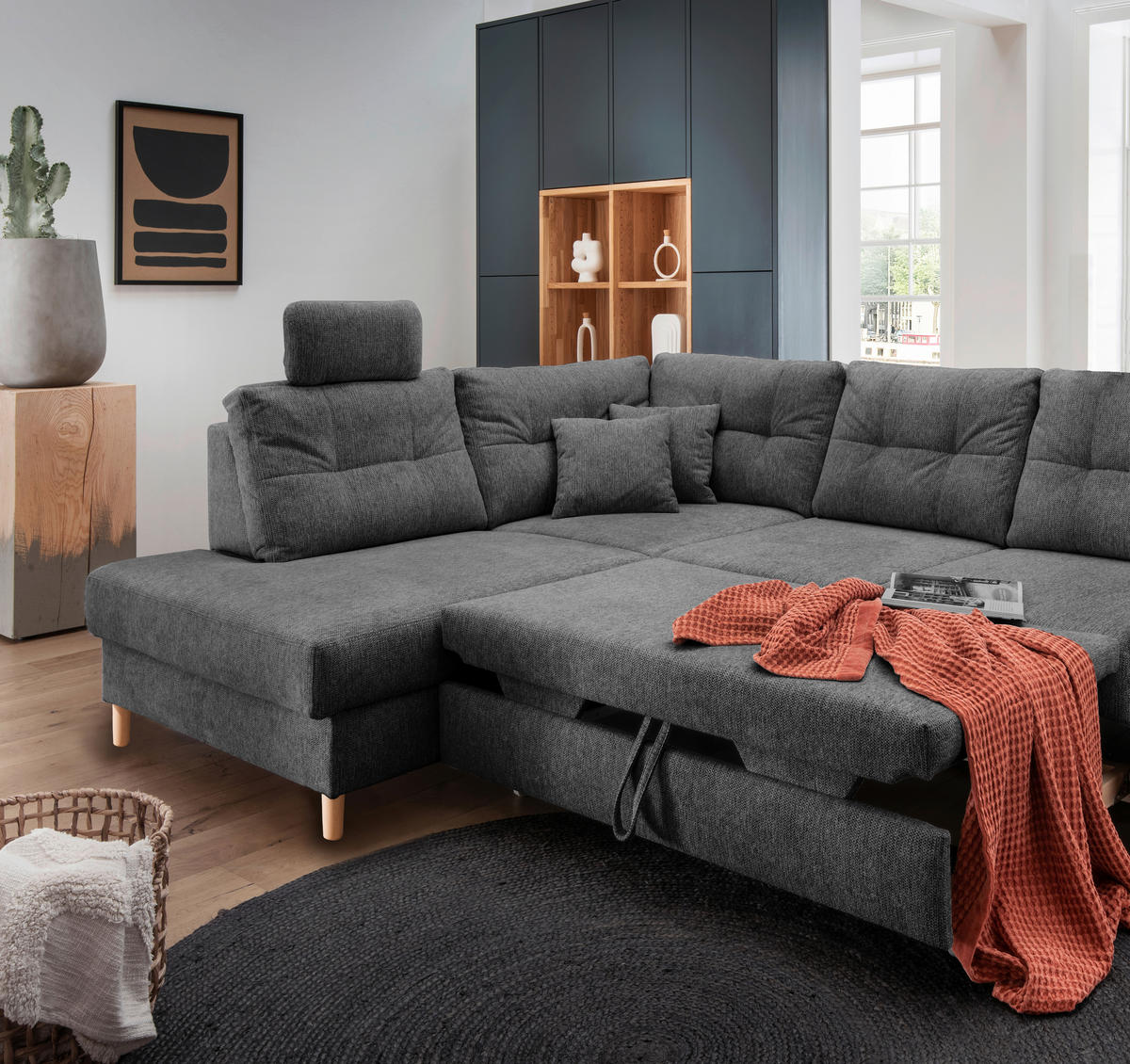 ECKSOFA in Chenille Anthrazit  - Anthrazit/Naturfarben, Modern, Holz/Textil (206/264cm) - Livetastic