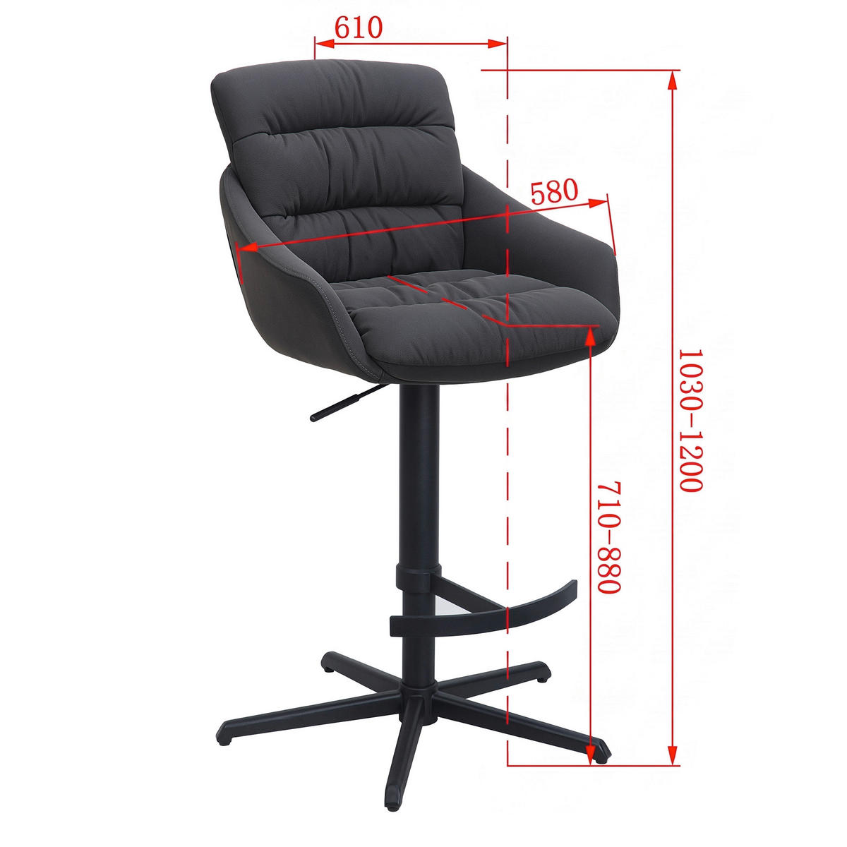 BARHOCKER Webstoff Echtleder Schwarz Stahl Sitzfläche 360° drehbar, inklusive Armlehnen, automatische Rückholfunktion  - Schwarz, Design, Leder/Textil (58/103/120/61cm) - Dieter Knoll
