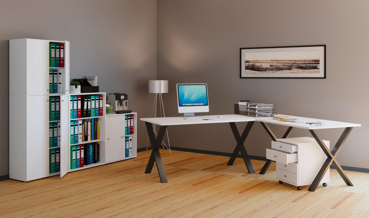 ECKSCHREIBTISCH Schwarz, Weiss  - Weiss/Schwarz, Modern, Holzwerkstoff/Metall (220/160/76cm) - MID.YOU