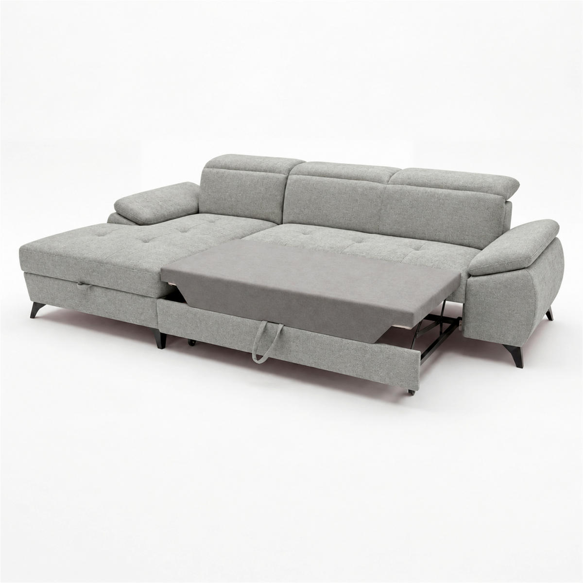 ECKSOFA TAOS Hellgrau Struktur Bettkasten, Rücken echt, Kopfteilverstellung, Stauraum  - Hellgrau/Schwarz, Basics, Holz/Textil (281/166cm) - MID.YOU