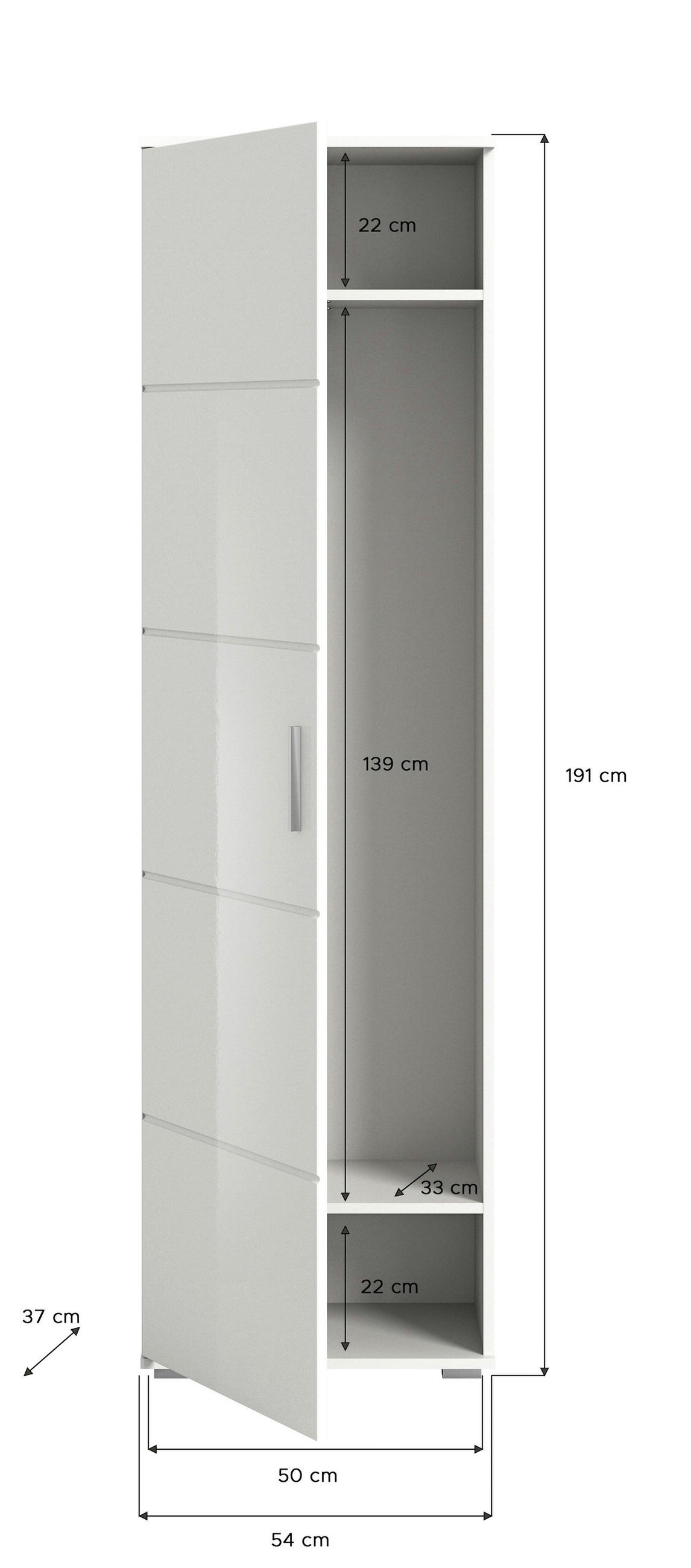 GARDEROBENSCHRANK Prego  in 55/191/37 cm  - Weiß Hochglanz/Silberfarben, Design, Holzwerkstoff/Kunststoff (55/191/37cm) - Xora