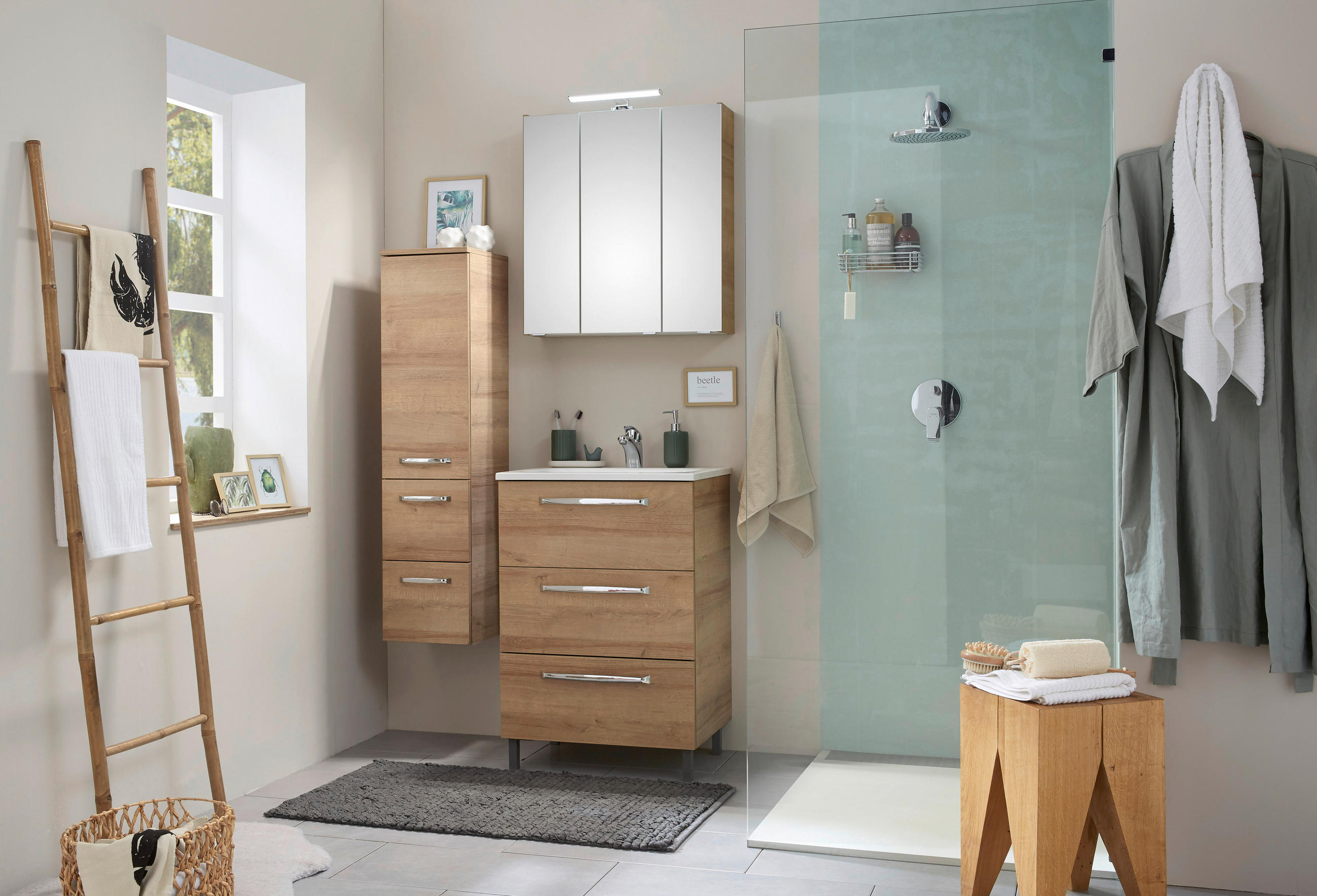 Thumbnail - Xora Spiegelschrank Luga, Eiche, Glas, 6 Fächer, 65x70x16 cm, Made in Germany, Typenauswahl, Soft-Close-System, Badezimm...