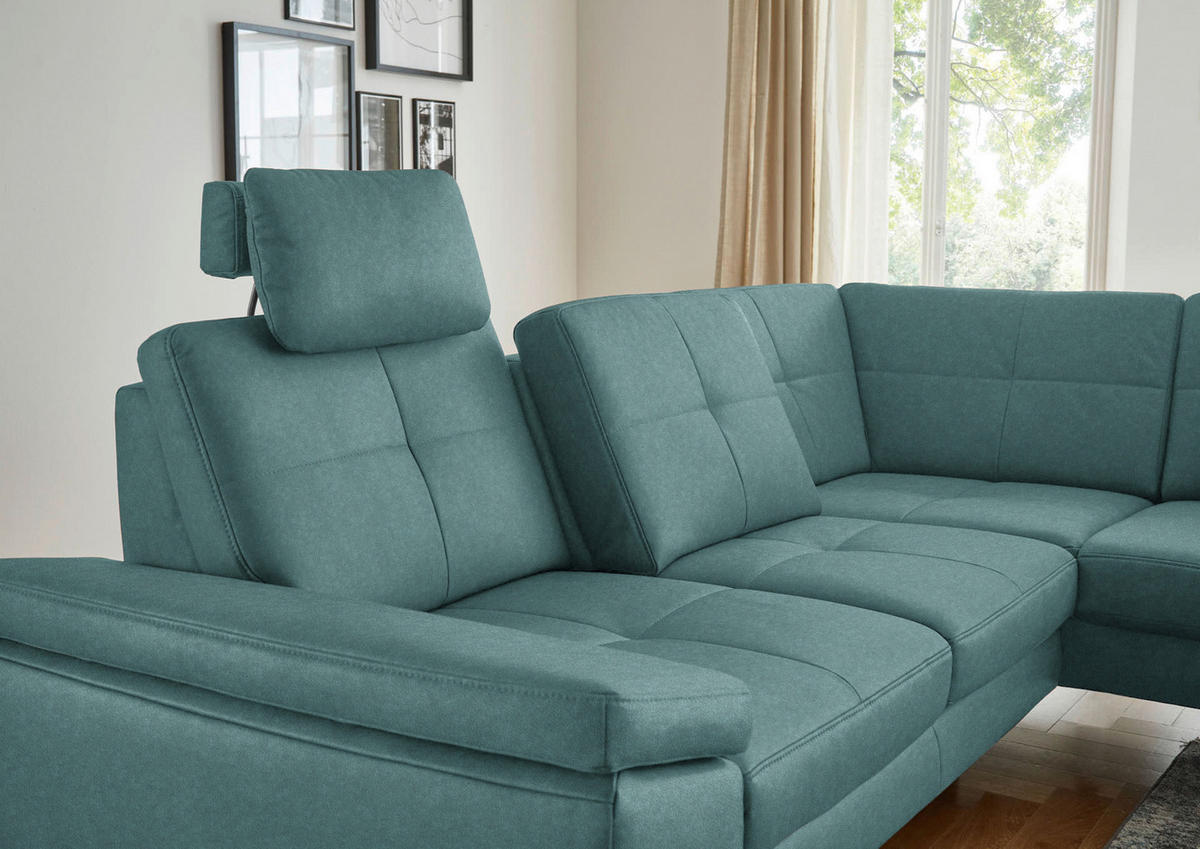 ECKSOFA in Lederlook, Mikrofaser Türkis  - Türkis/Schwarz, Design, Textil/Metall (261/220cm) - Beldomo System
