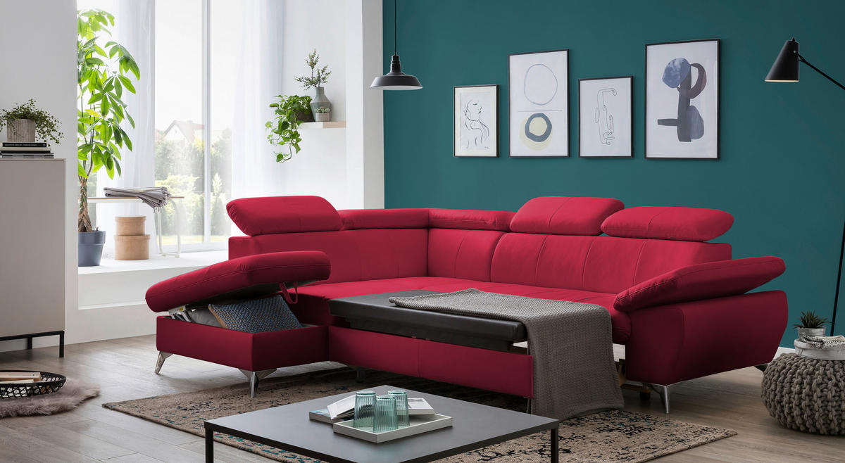 ECKSOFA in Lederlook Rot  - Chromfarben/Rot, KONVENTIONELL, Textil/Metall (209/256cm) - Livetastic