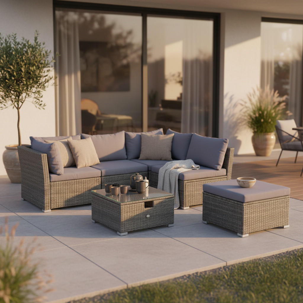 LOUNGEGARNITUR 14-teilig   190/40/181 cm Stahl  - Grau, KONVENTIONELL, Glas/Kunststoff (190/40/181cm) - Gardenson